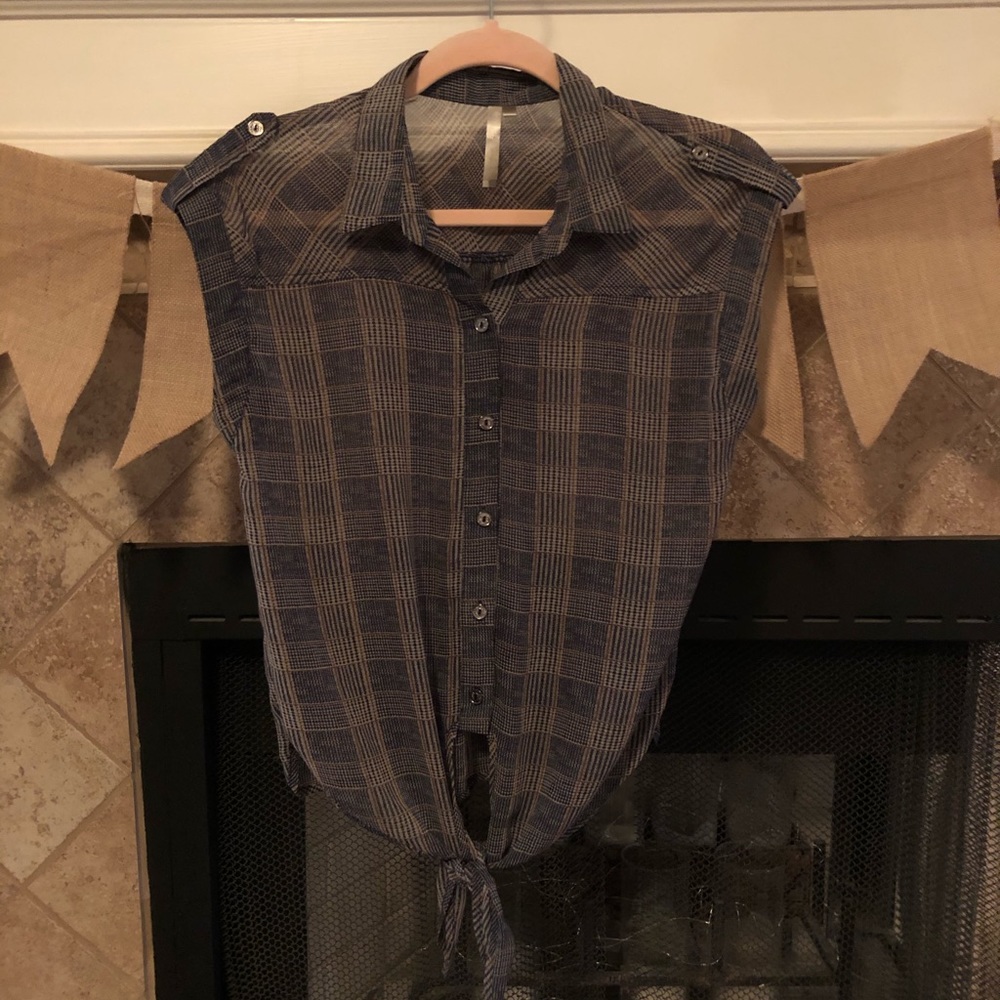 Navy, gray, brown plaid pattern sheer collared top